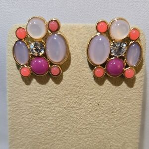 Unsigned Pink Glass And Epoxy Stone Cluster Gold Tone Post Earrings